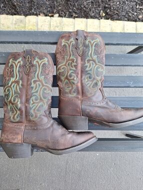 Justin Boots Brown Leather Cowboy Boots with Teal Accents